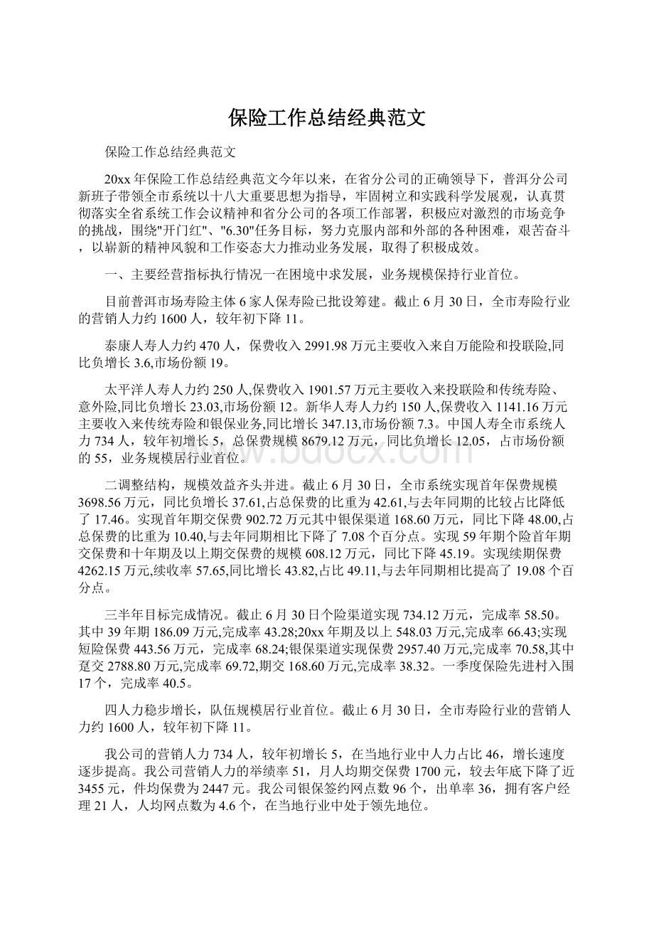 保险工作总结经典范文文档格式.docx