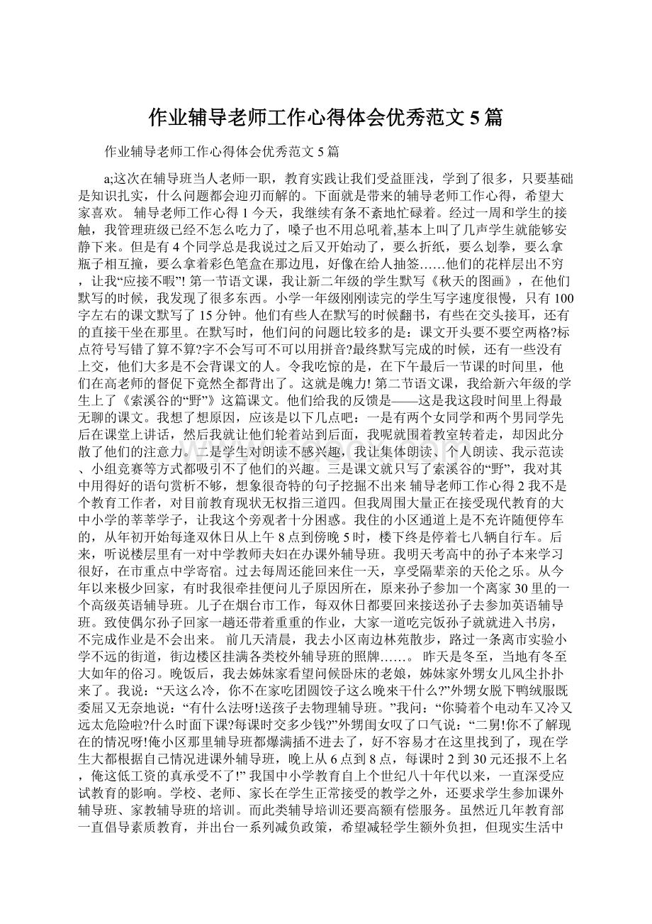 作业辅导老师工作心得体会优秀范文5篇Word文档格式.docx