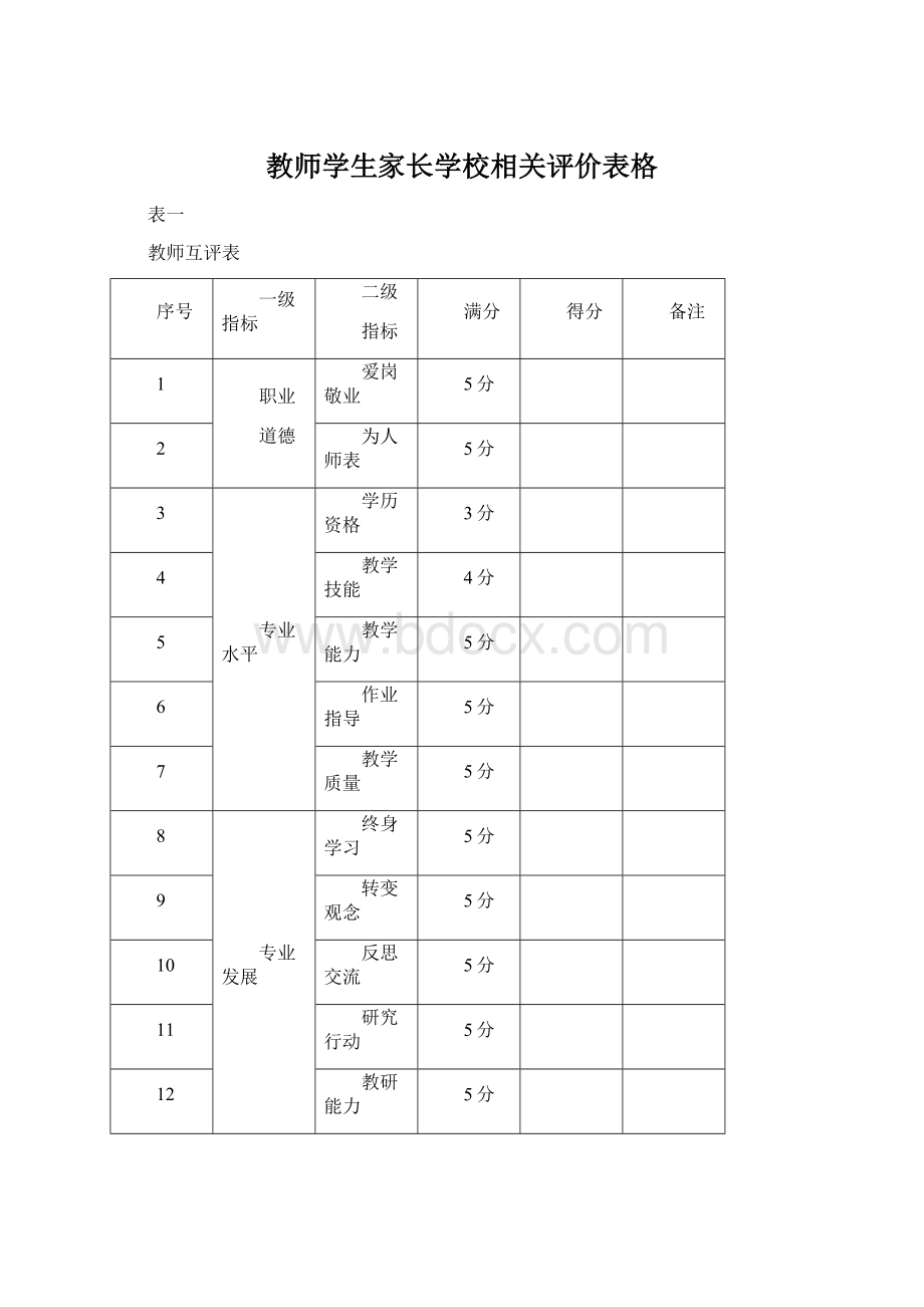 教师学生家长学校相关评价表格.docx