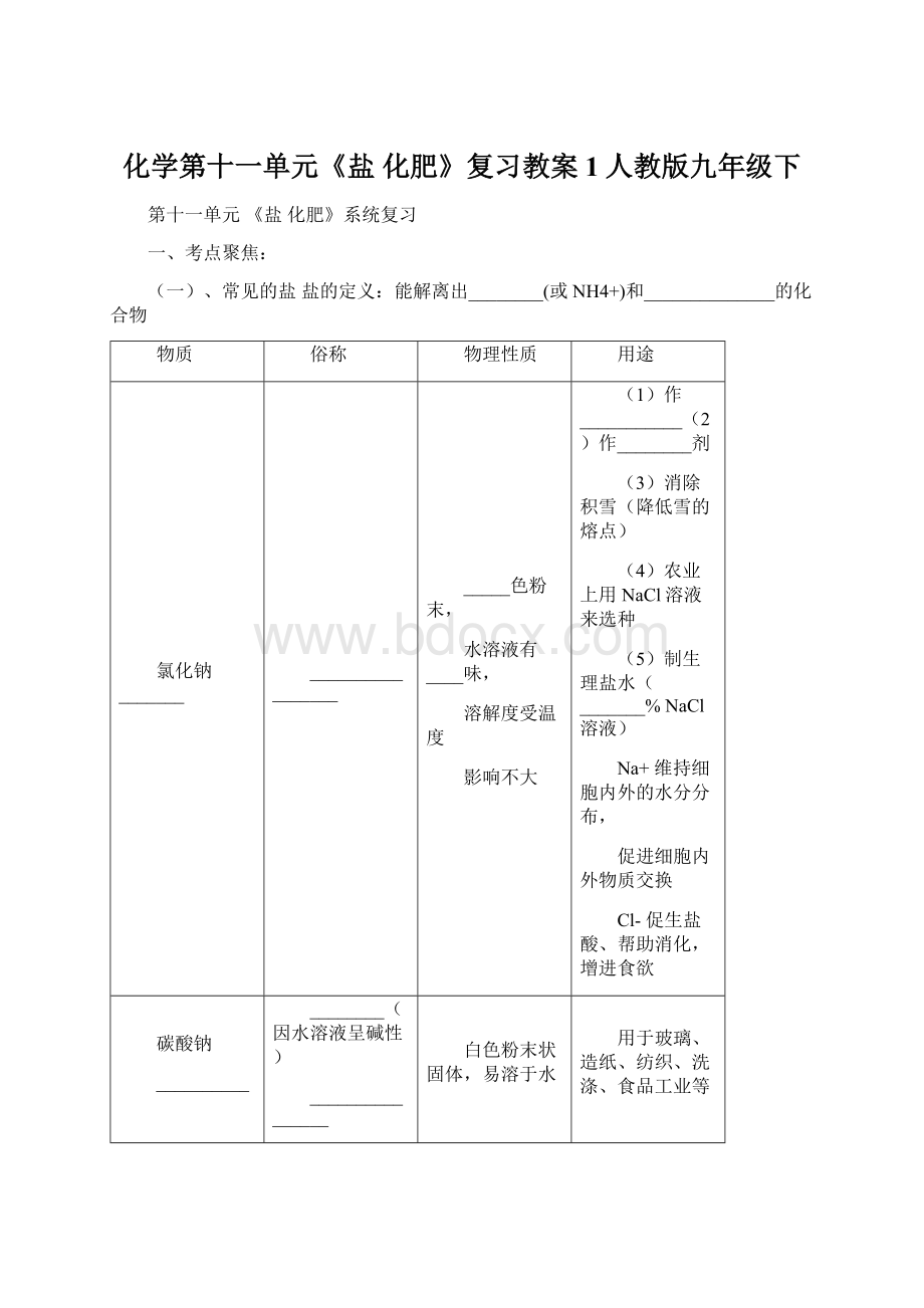 化学第十一单元《盐 化肥》复习教案1人教版九年级下.docx_第1页