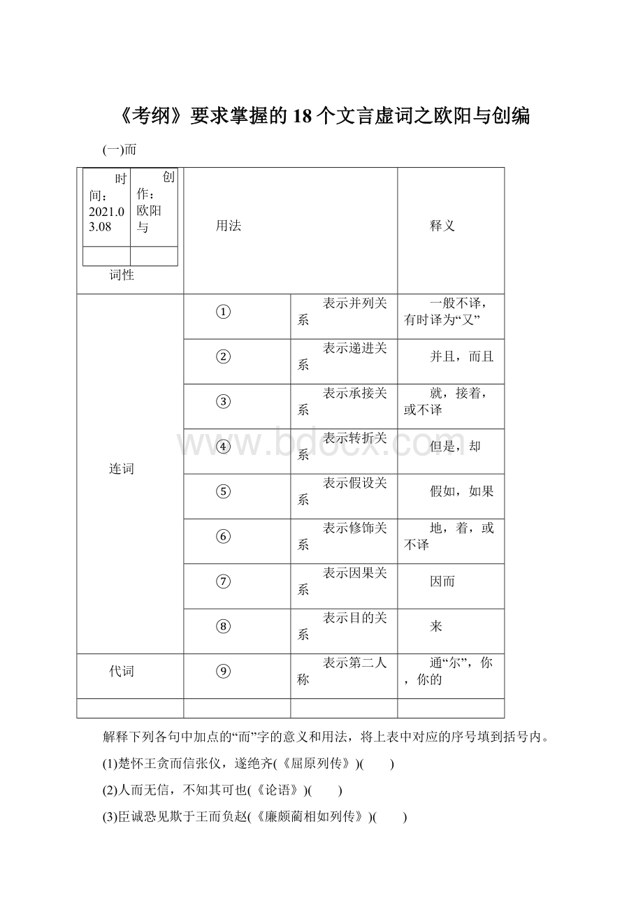 《考纲》要求掌握的18个文言虚词之欧阳与创编Word格式文档下载.docx_第1页