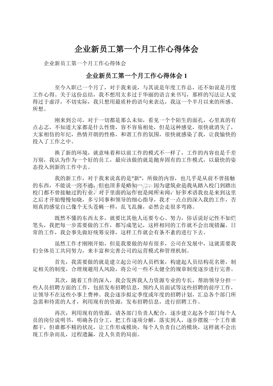 企业新员工第一个月工作心得体会Word格式文档下载.docx_第1页