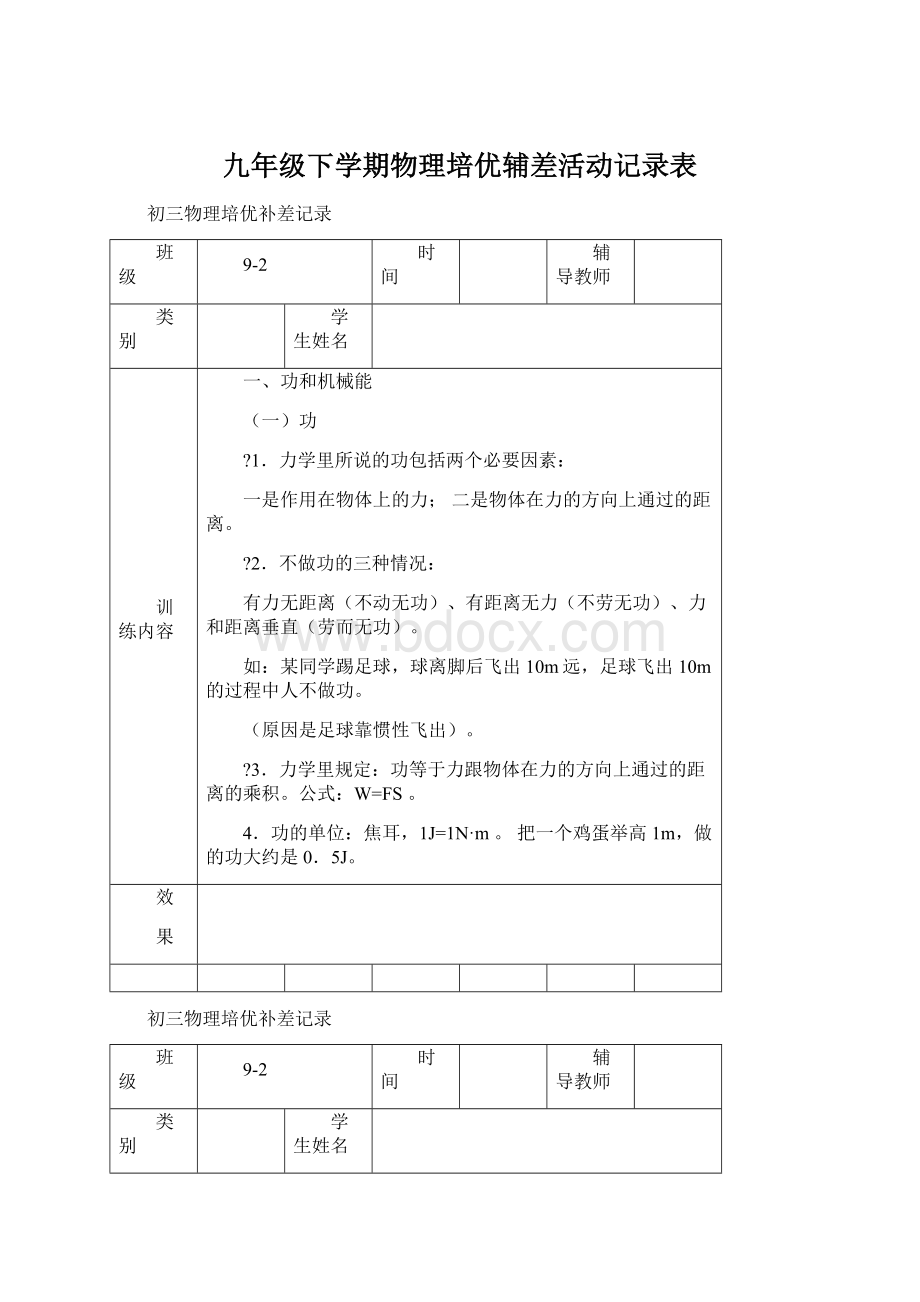 九年级下学期物理培优辅差活动记录表Word下载.docx