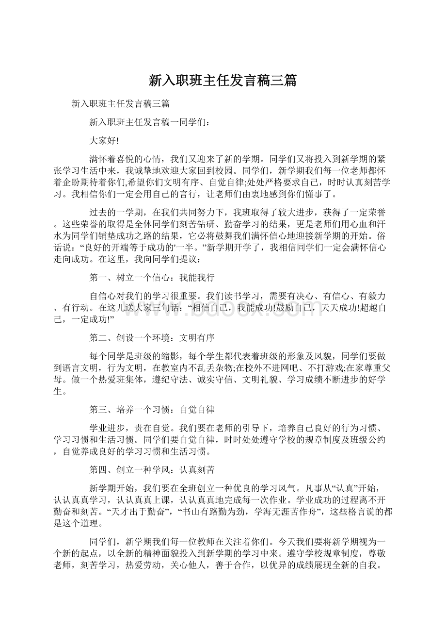 新入职班主任发言稿三篇.docx_第1页