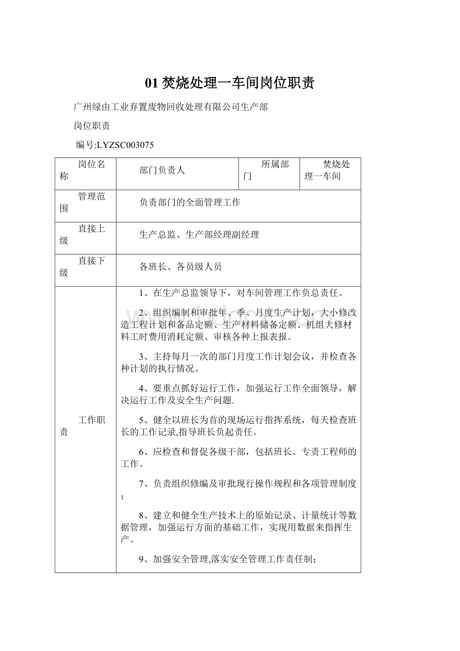 01焚烧处理一车间岗位职责Word文档下载推荐.docx