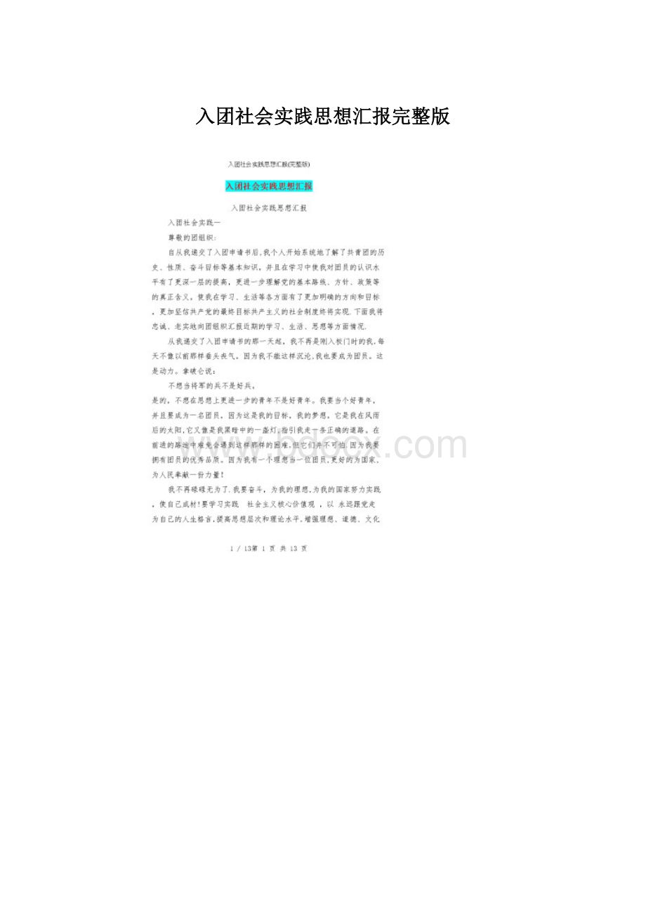 入团社会实践思想汇报完整版Word格式文档下载.docx