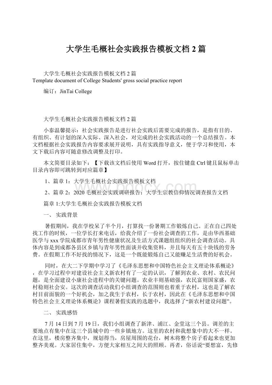 大学生毛概社会实践报告模板文档2篇Word格式.docx