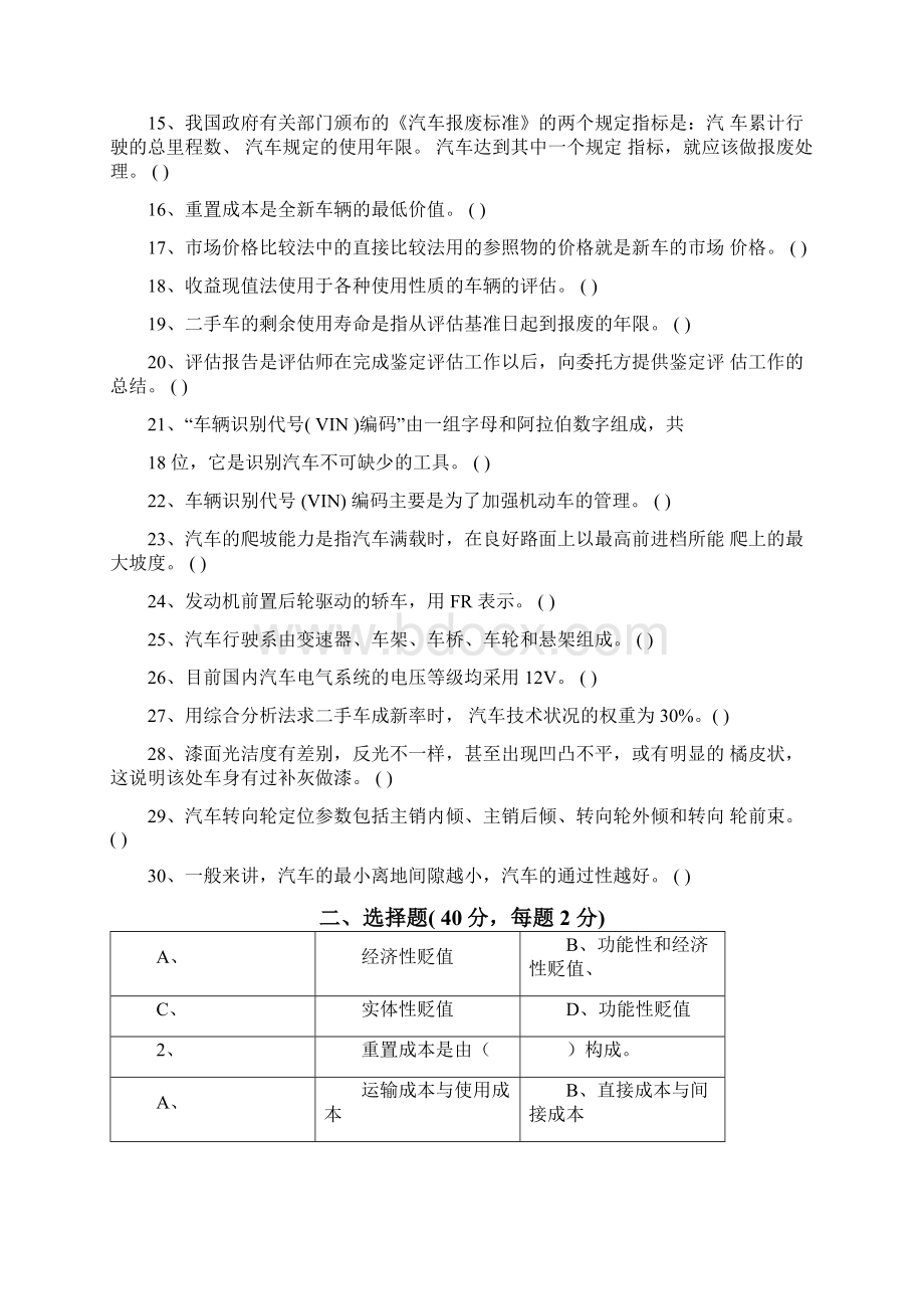 二手车鉴定评估试题A及答案解析.docx_第2页