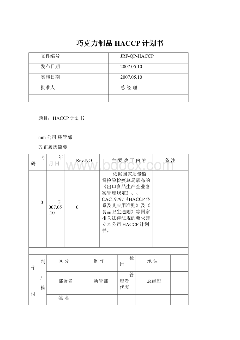 巧克力制品HACCP计划书.docx_第1页