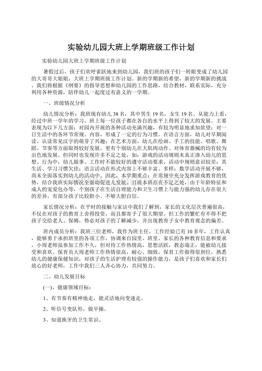 实验幼儿园大班上学期班级工作计划Word文档下载推荐.docx_第1页