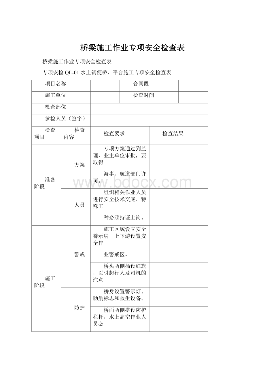 桥梁施工作业专项安全检查表.docx_第1页