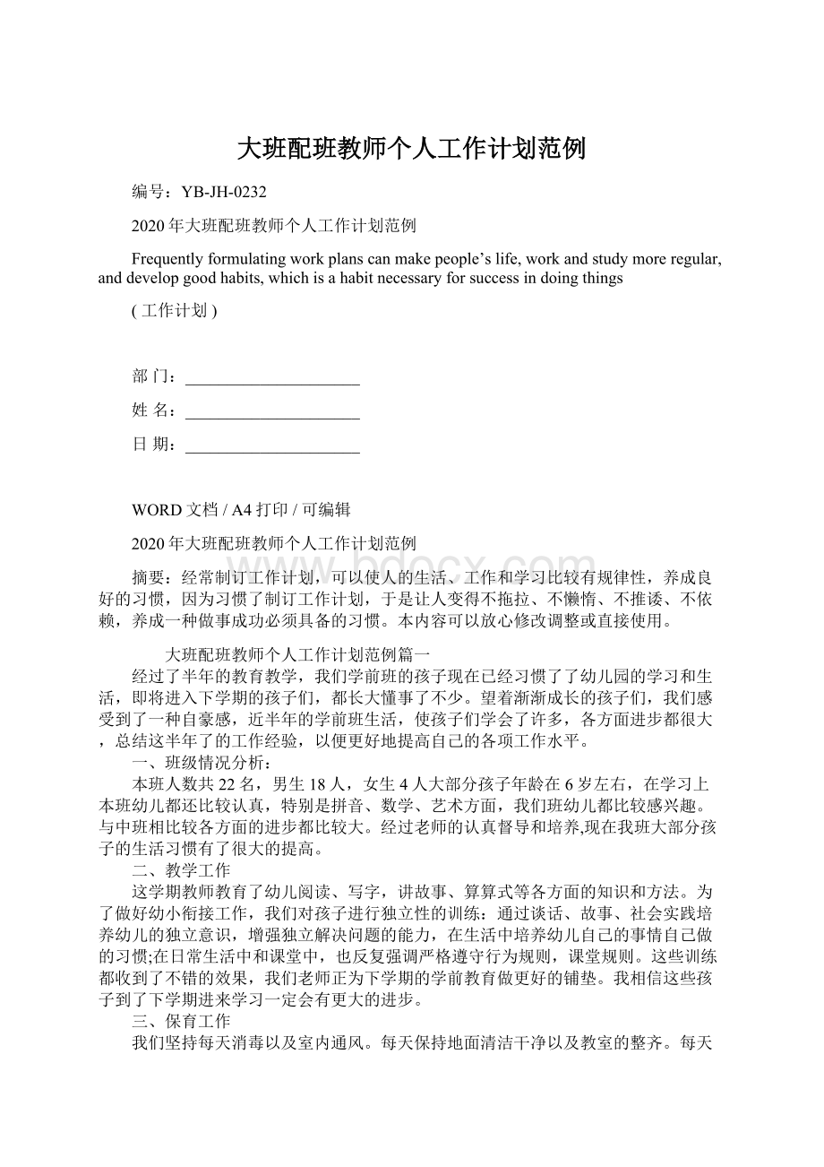 大班配班教师个人工作计划范例Word格式文档下载.docx