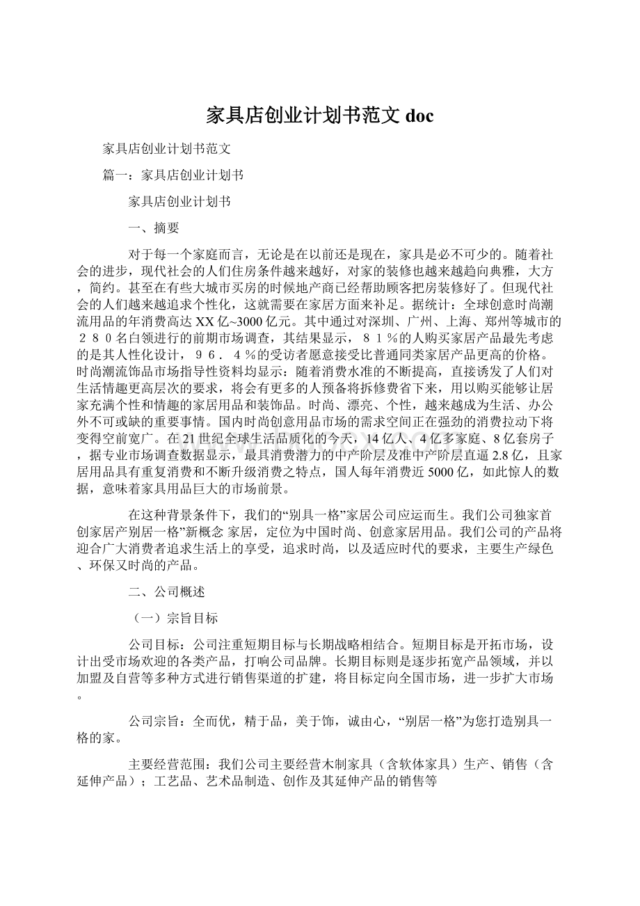 家具店创业计划书范文doc文档格式.docx