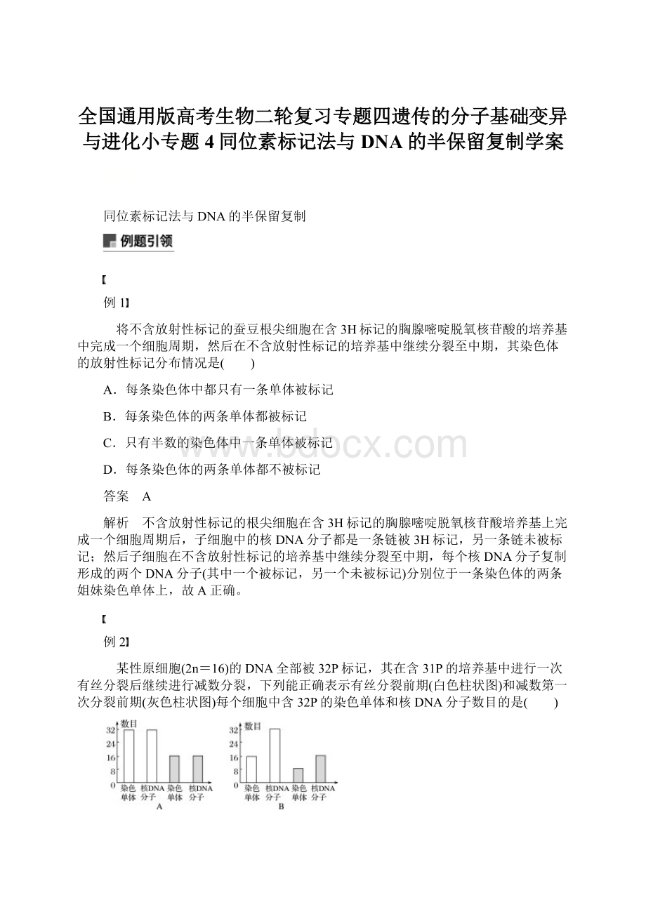 全国通用版高考生物二轮复习专题四遗传的分子基础变异与进化小专题4同位素标记法与DNA的半保留复制学案.docx