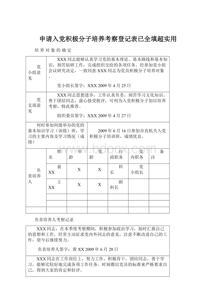 申请入党积极分子培养考察登记表已全填超实用.docx