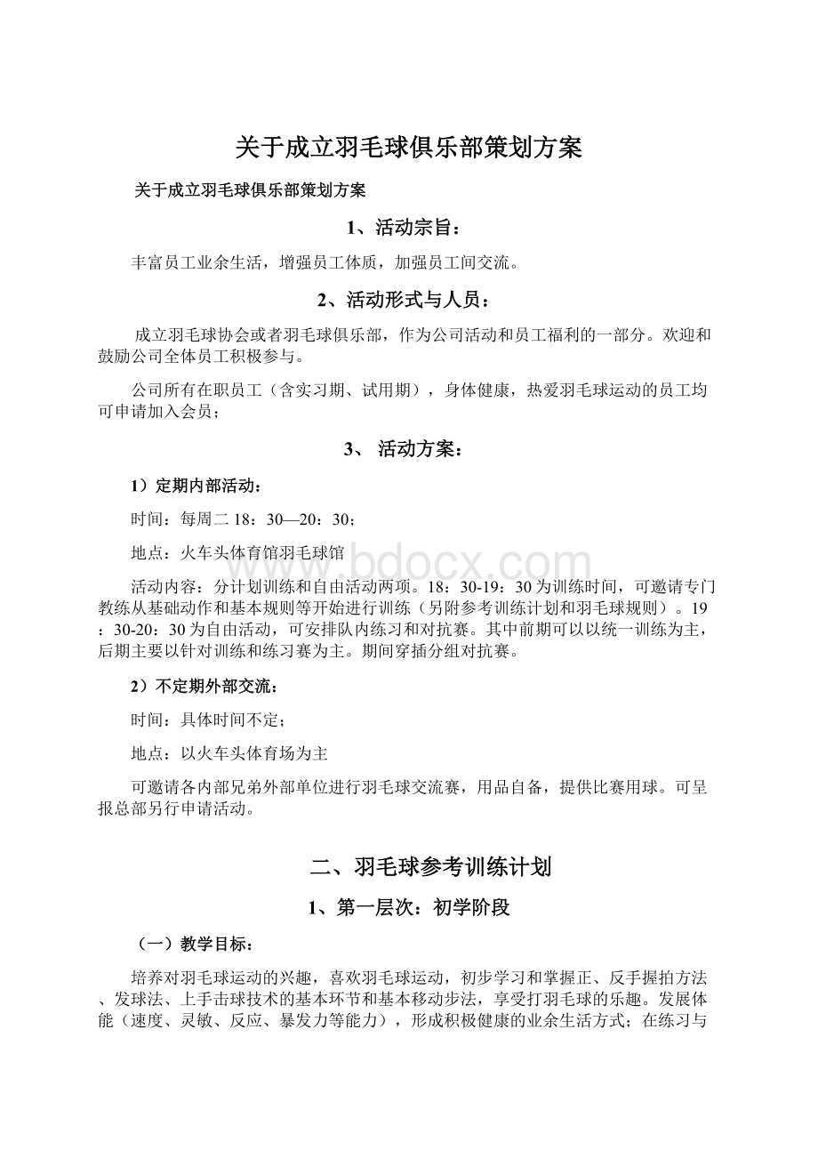 关于成立羽毛球俱乐部策划方案Word下载.docx_第1页