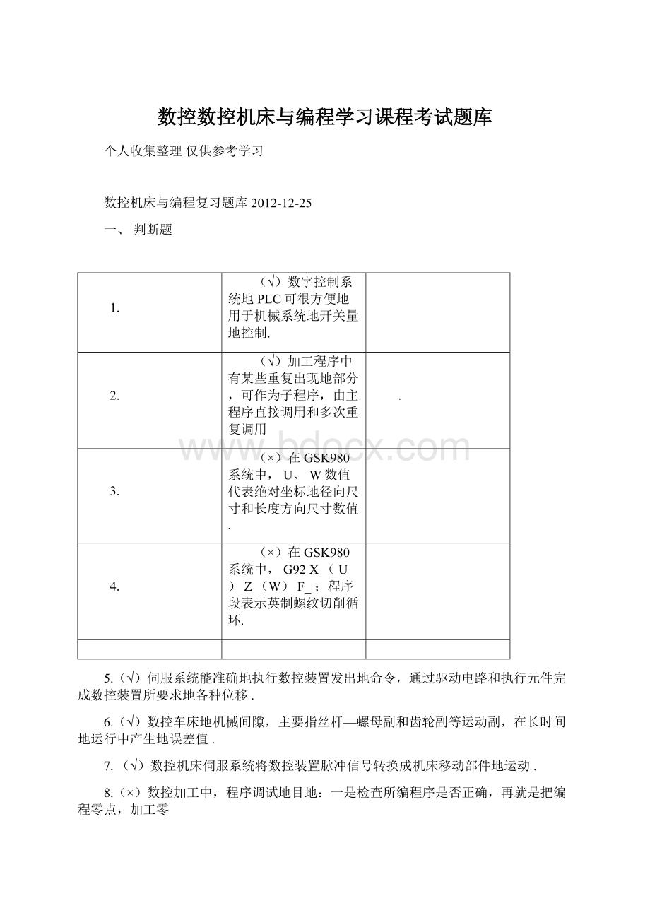 数控数控机床与编程学习课程考试题库.docx