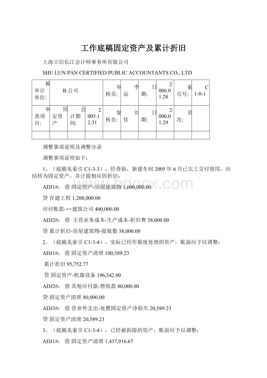 工作底稿固定资产及累计折旧Word格式.docx