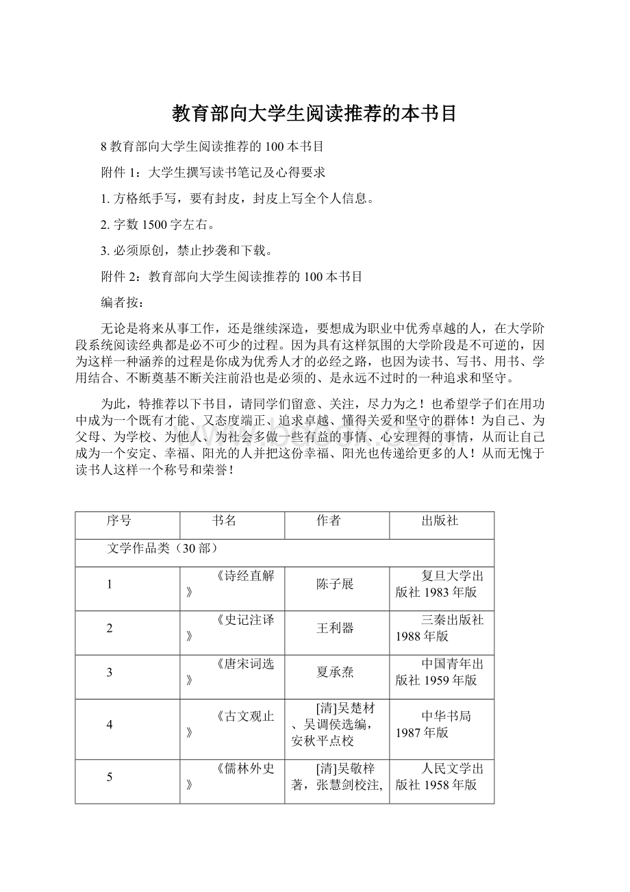 教育部向大学生阅读推荐的本书目.docx_第1页