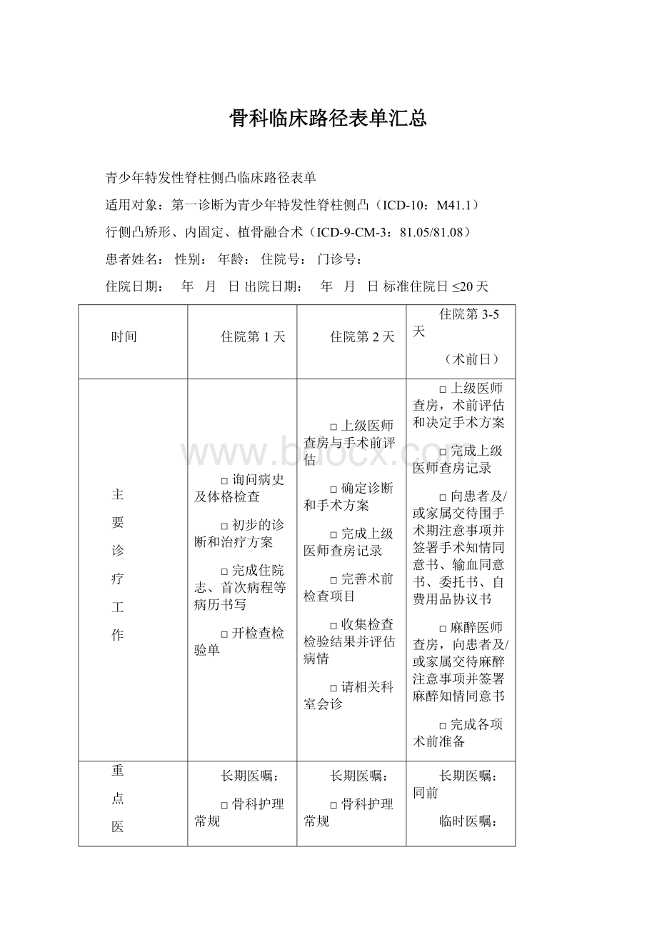 骨科临床路径表单汇总.docx