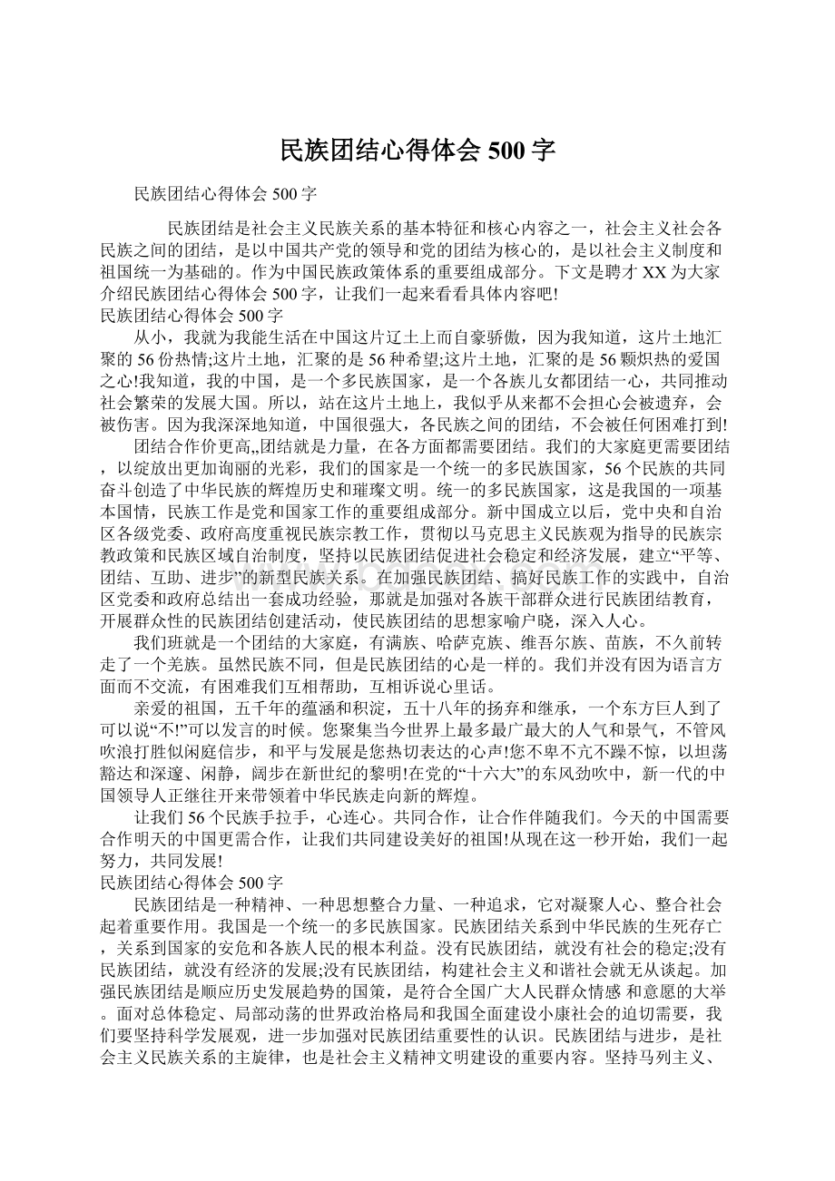 民族团结心得体会500字.docx