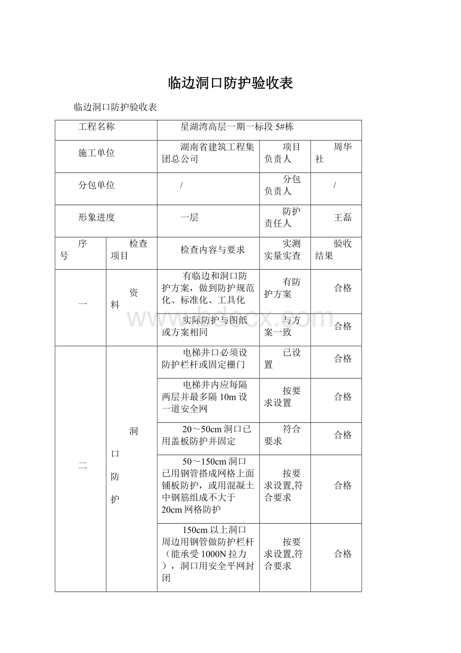 临边洞口防护验收表Word文件下载.docx