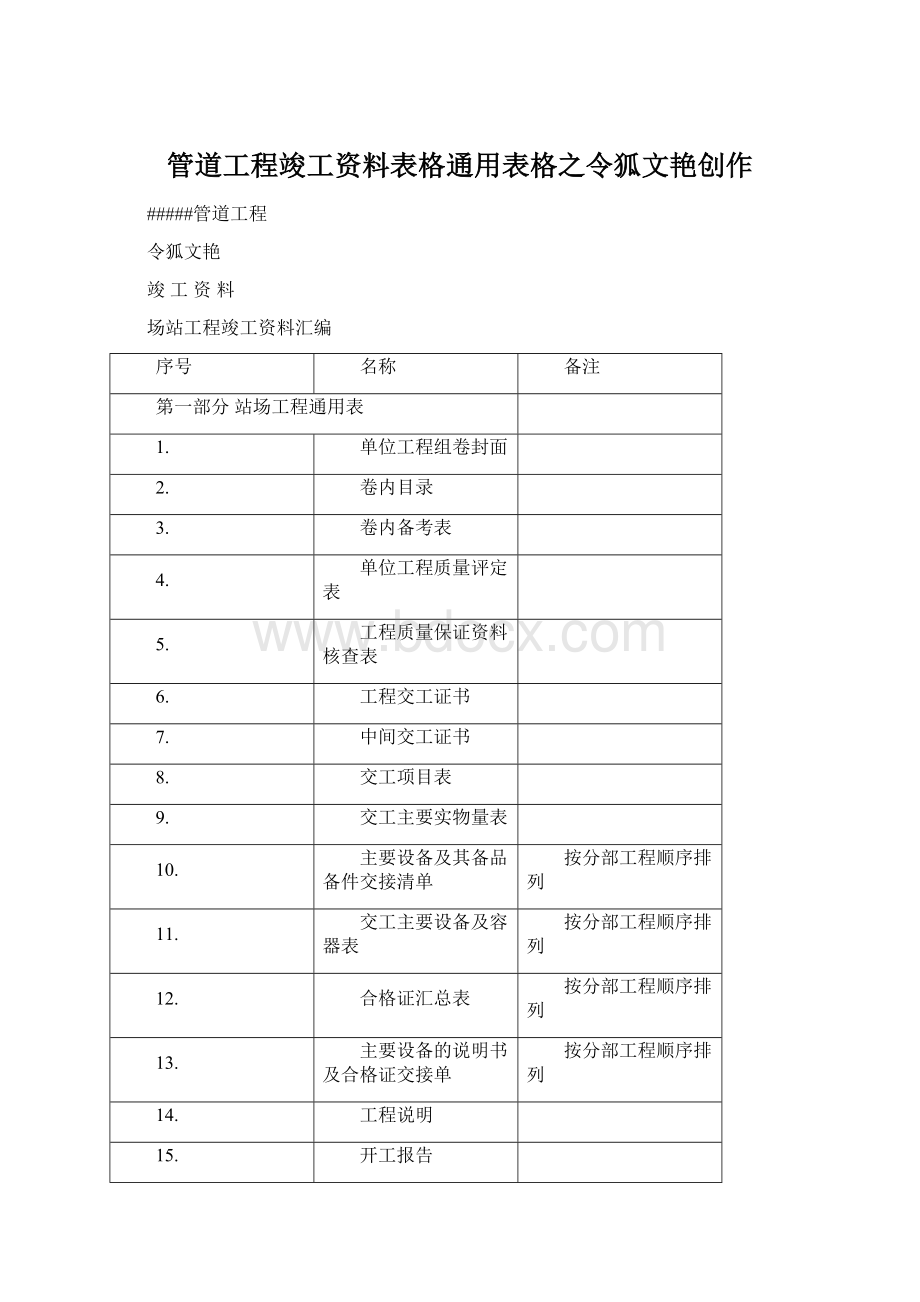 管道工程竣工资料表格通用表格之令狐文艳创作.docx