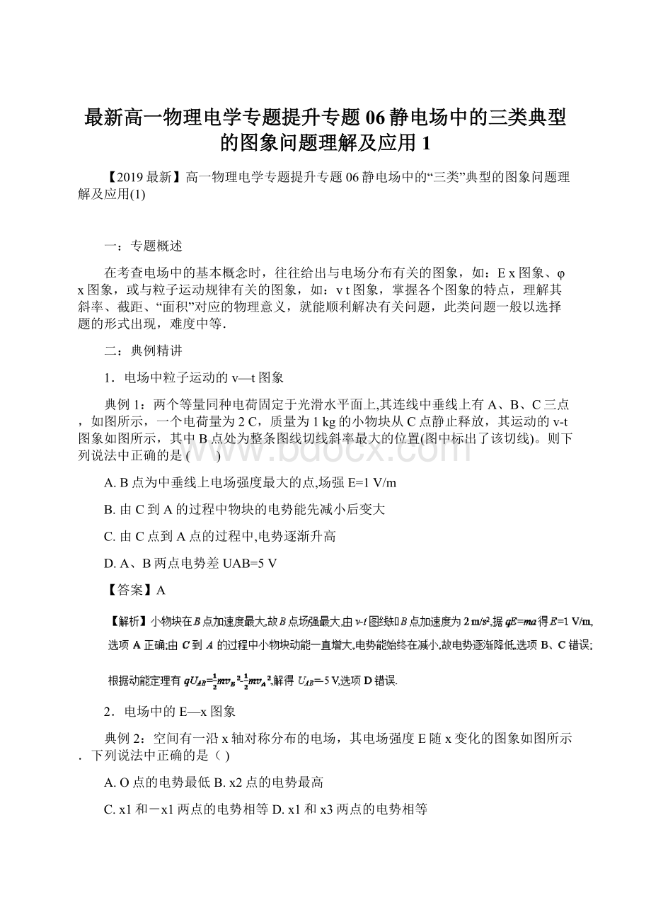 最新高一物理电学专题提升专题06静电场中的三类典型的图象问题理解及应用1文档格式.docx