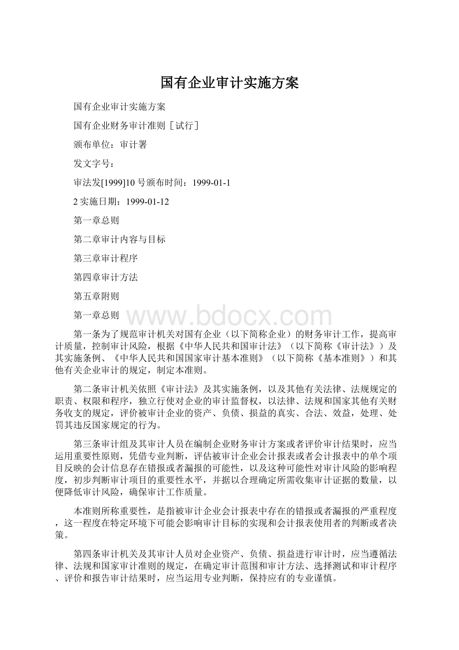 国有企业审计实施方案Word文档下载推荐.docx