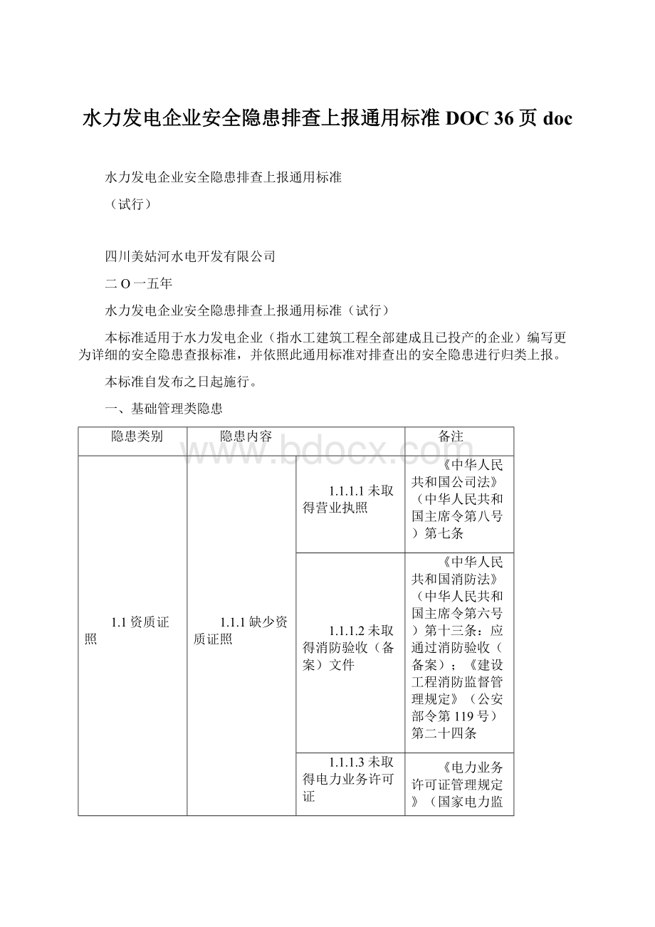 水力发电企业安全隐患排查上报通用标准DOC 36页docWord下载.docx_第1页