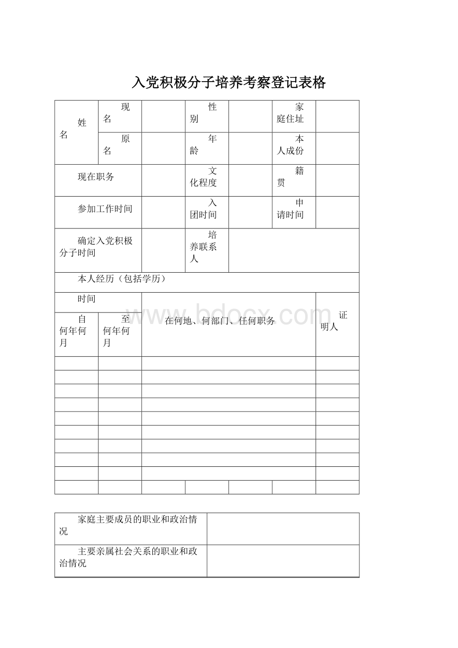 入党积极分子培养考察登记表格文档格式.docx