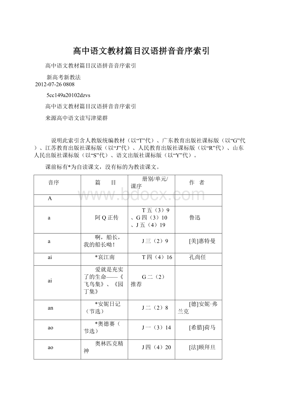 高中语文教材篇目汉语拼音音序索引Word文件下载.docx_第1页