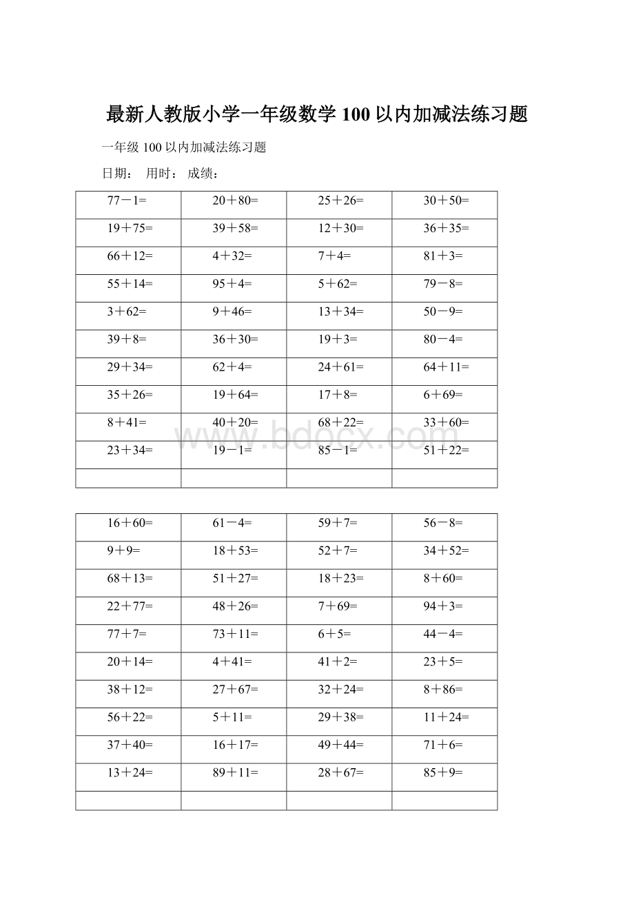 最新人教版小学一年级数学100以内加减法练习题.docx