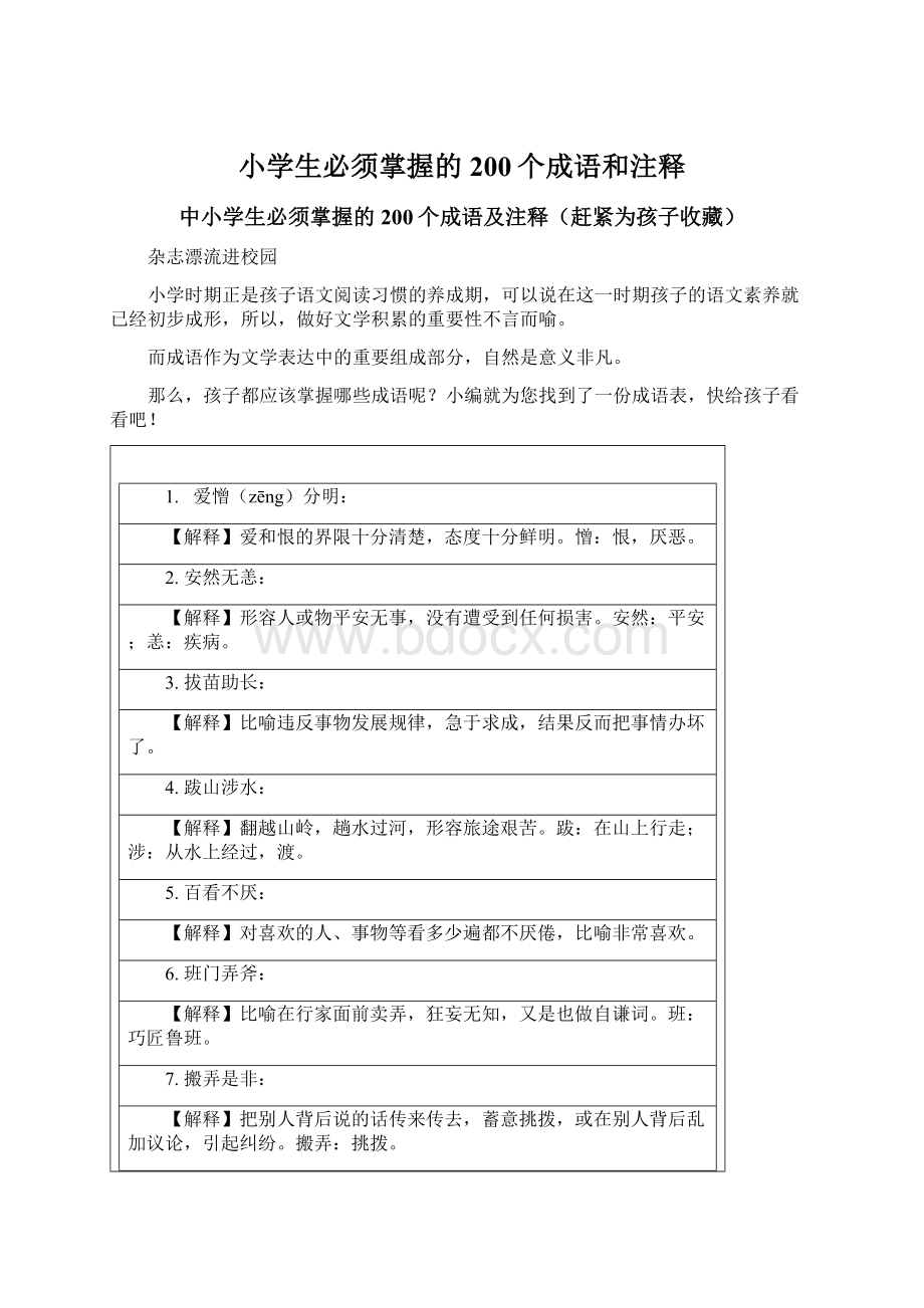 小学生必须掌握的200个成语和注释文档格式.docx