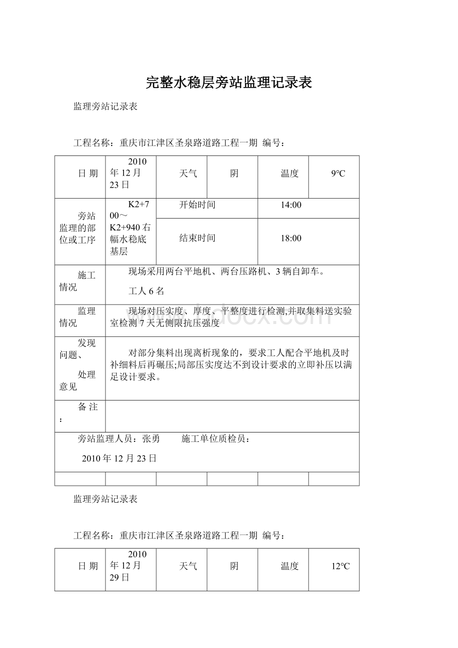 完整水稳层旁站监理记录表文档格式.docx