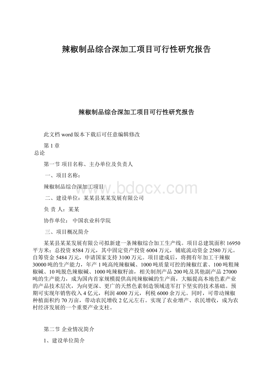 辣椒制品综合深加工项目可行性研究报告Word下载.docx