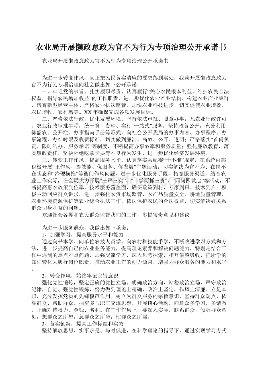 农业局开展懒政怠政为官不为行为专项治理公开承诺书Word文档格式.docx