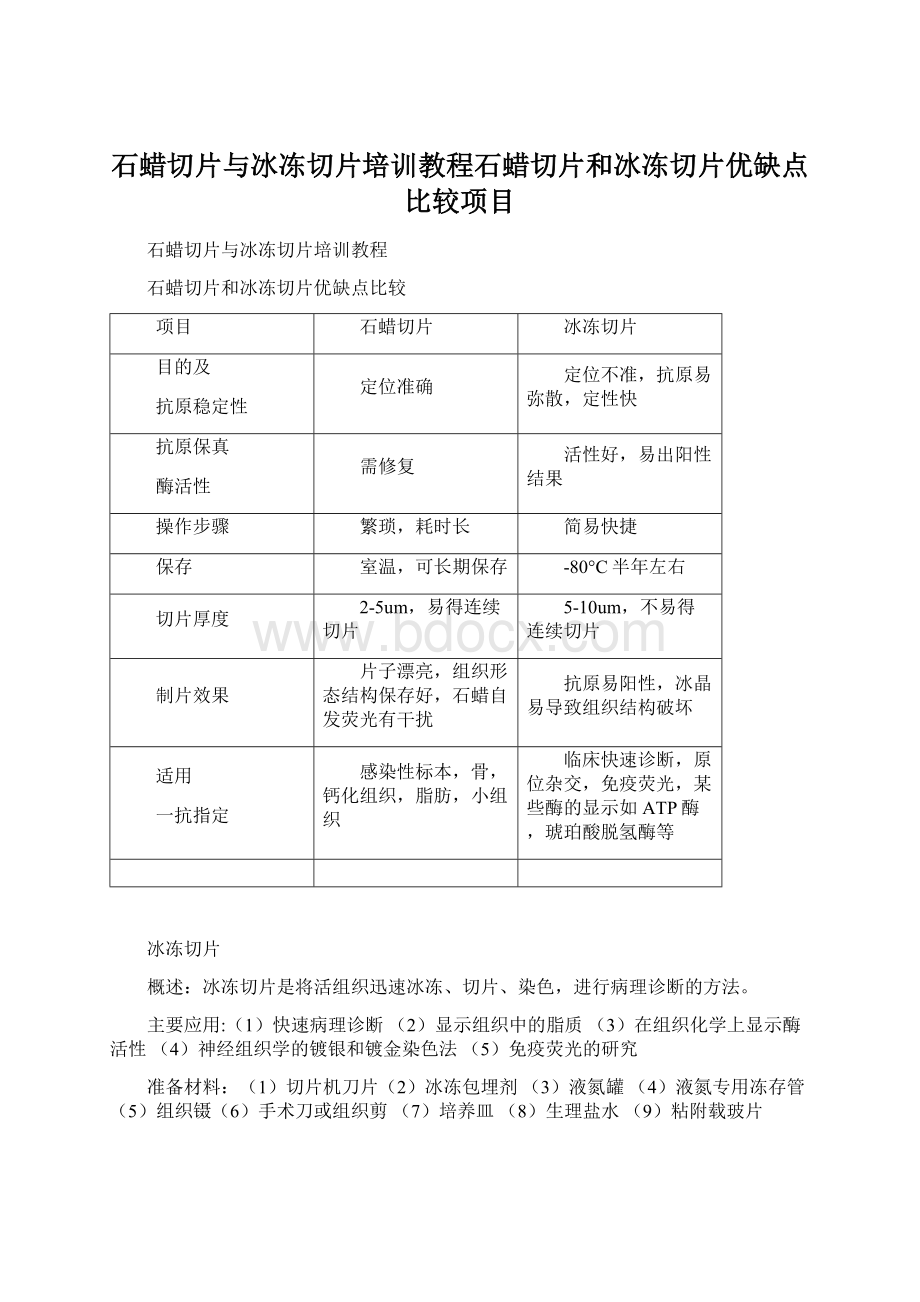 石蜡切片与冰冻切片培训教程石蜡切片和冰冻切片优缺点比较项目.docx_第1页