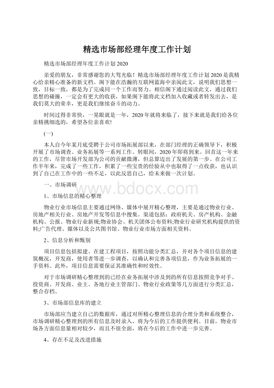 精选市场部经理年度工作计划.docx_第1页