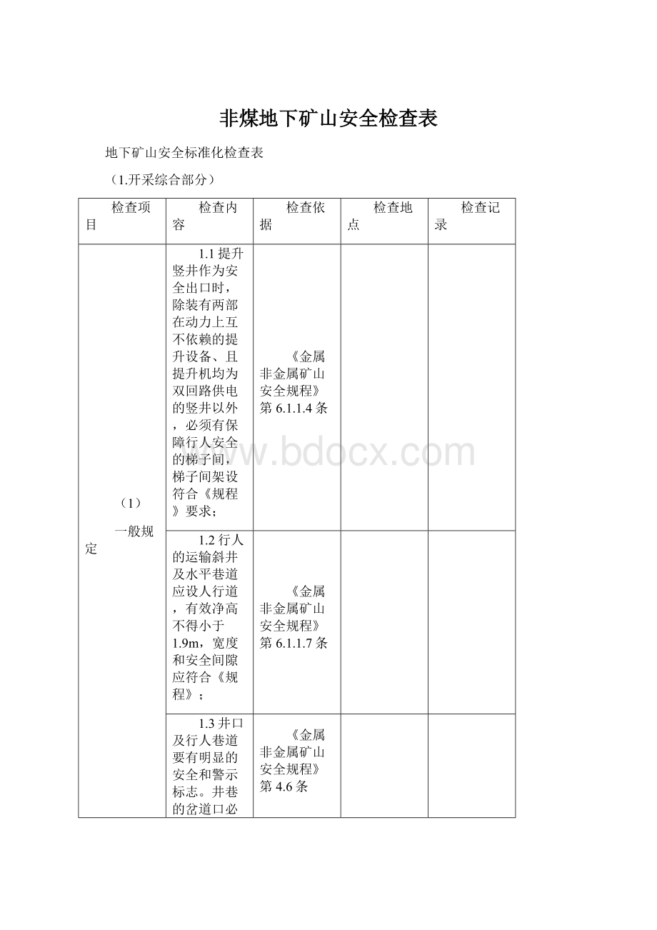 非煤地下矿山安全检查表.docx