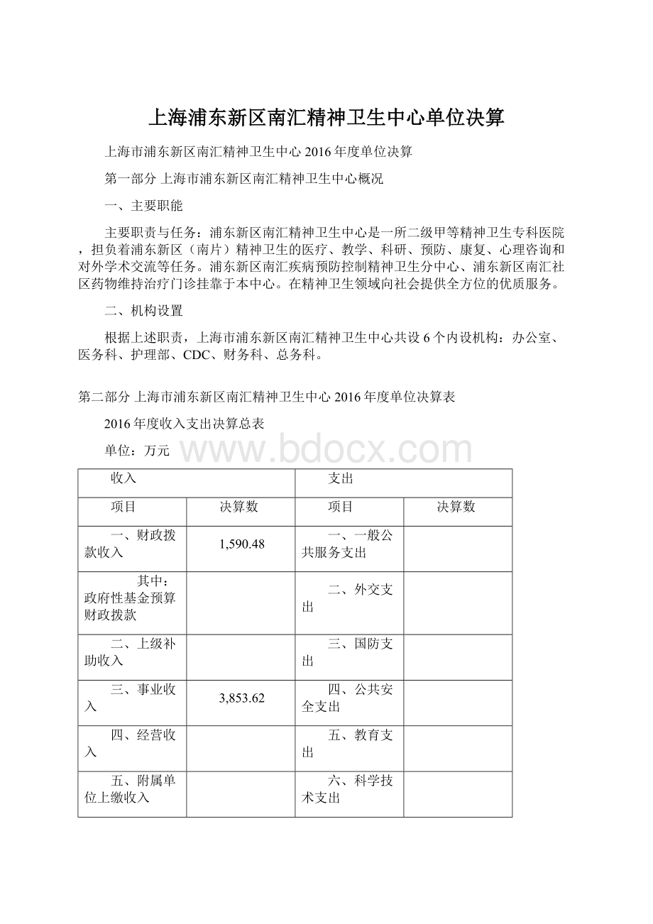 上海浦东新区南汇精神卫生中心单位决算Word文件下载.docx