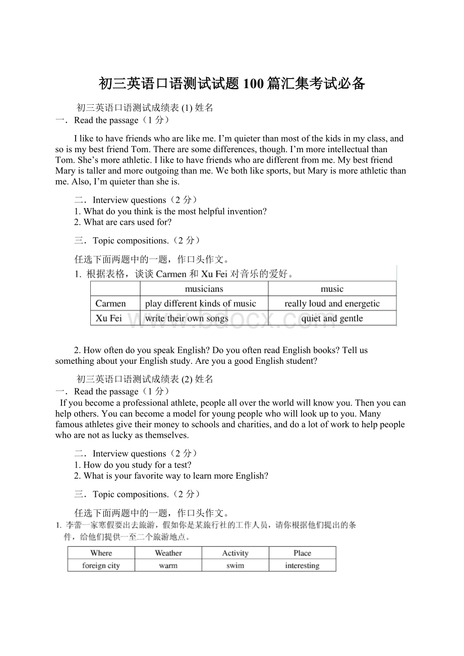 初三英语口语测试试题100篇汇集考试必备.docx_第1页