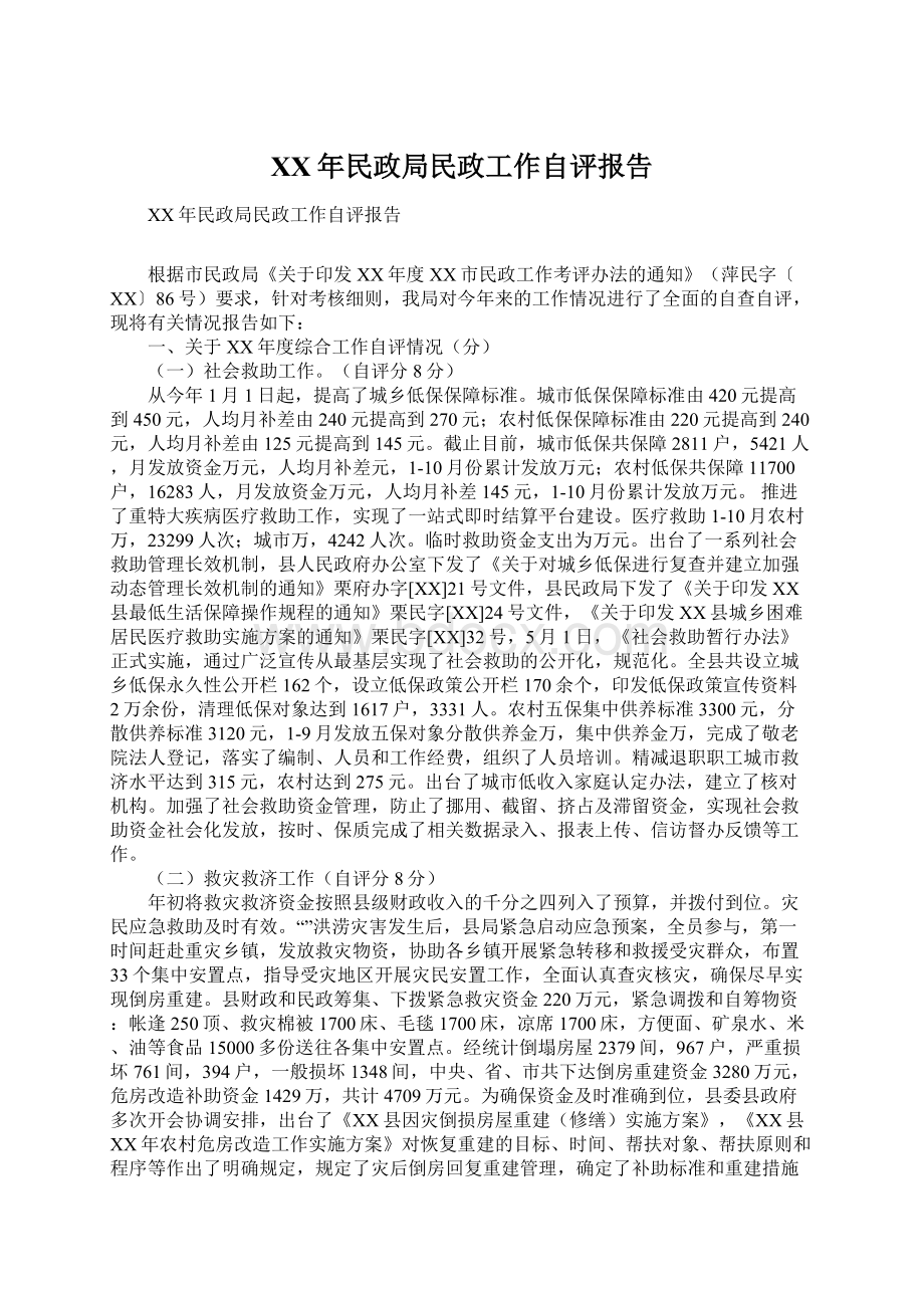 XX年民政局民政工作自评报告.docx_第1页