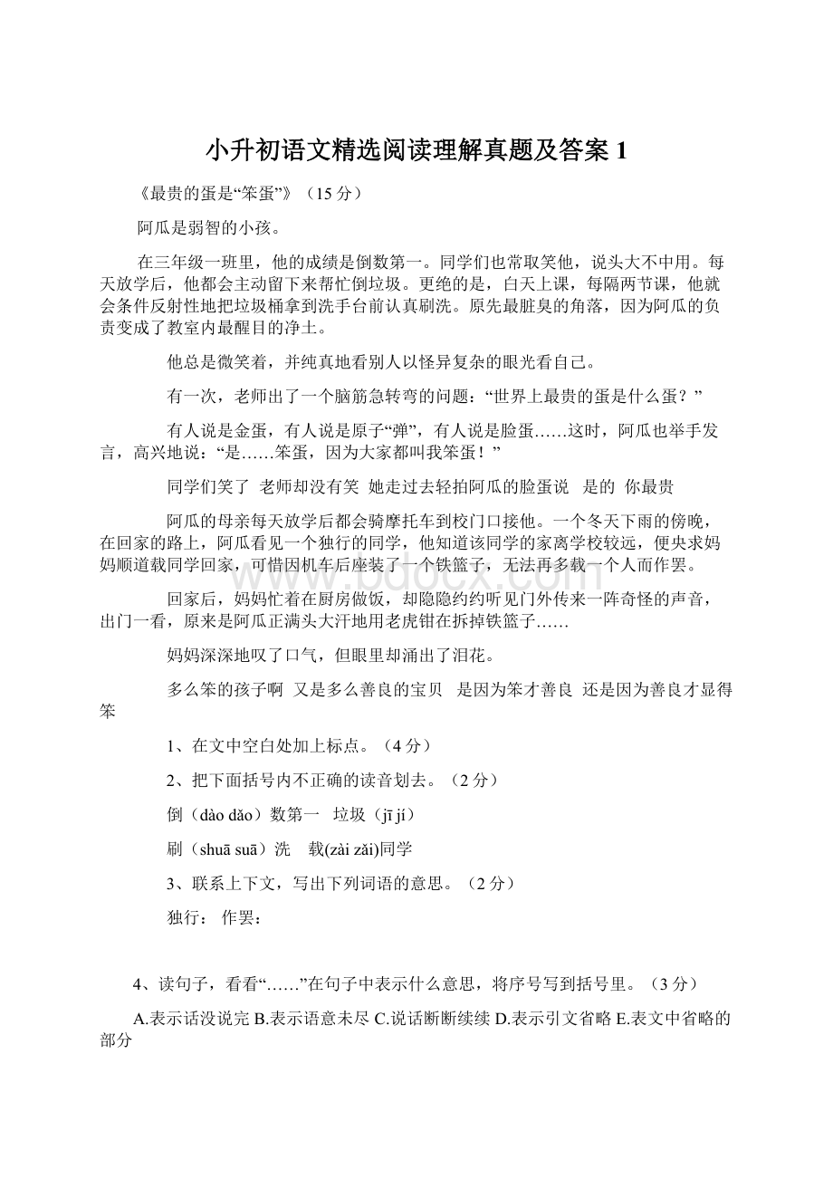 小升初语文精选阅读理解真题及答案1.docx