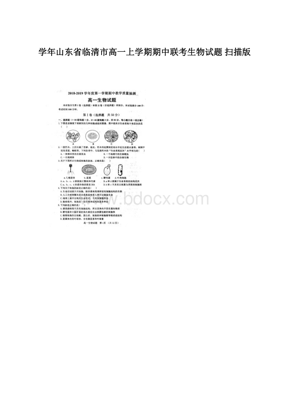 学年山东省临清市高一上学期期中联考生物试题 扫描版Word文件下载.docx_第1页