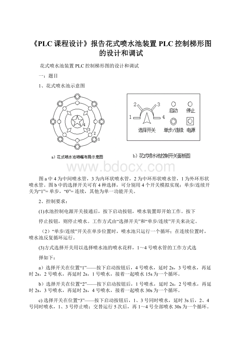 《PLC课程设计》报告花式喷水池装置PLC控制梯形图的设计和调试Word格式文档下载.docx_第1页