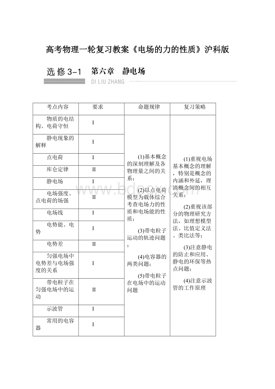 高考物理一轮复习教案《电场的力的性质》沪科版.docx_第1页