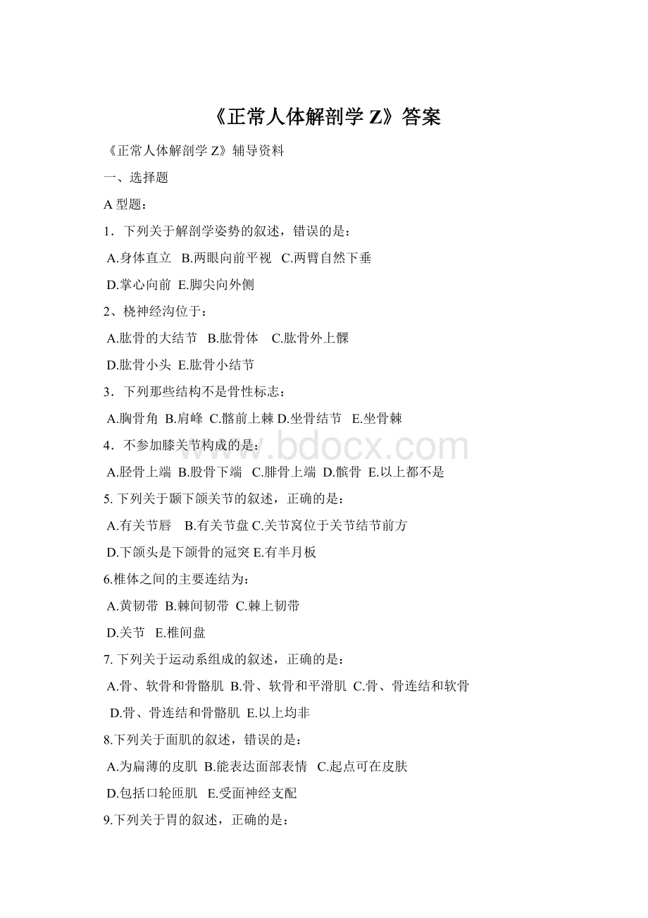 《正常人体解剖学Z》答案Word格式.docx