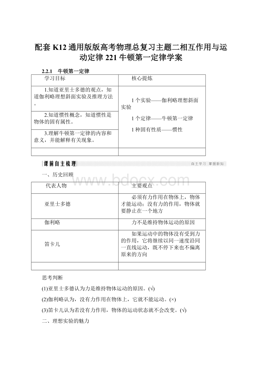 配套K12通用版版高考物理总复习主题二相互作用与运动定律221牛顿第一定律学案.docx_第1页