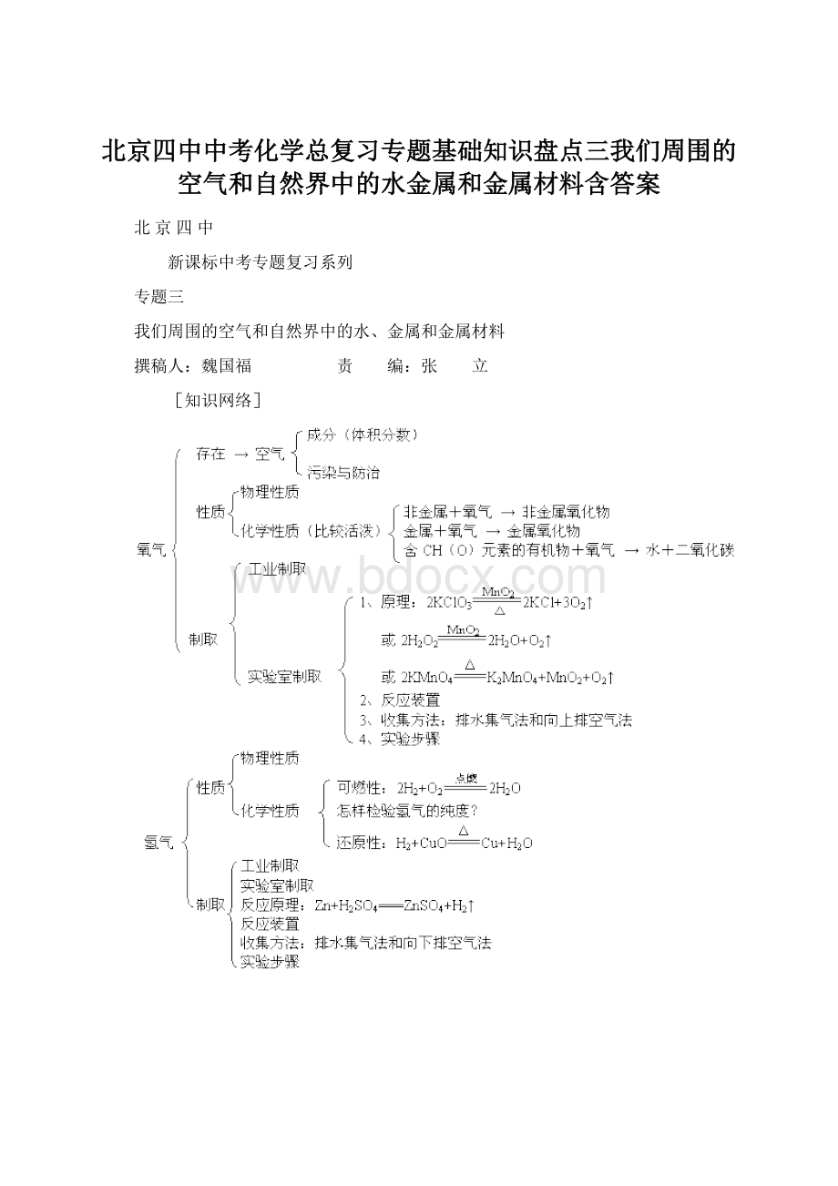 北京四中中考化学总复习专题基础知识盘点三我们周围的空气和自然界中的水金属和金属材料含答案文档格式.docx